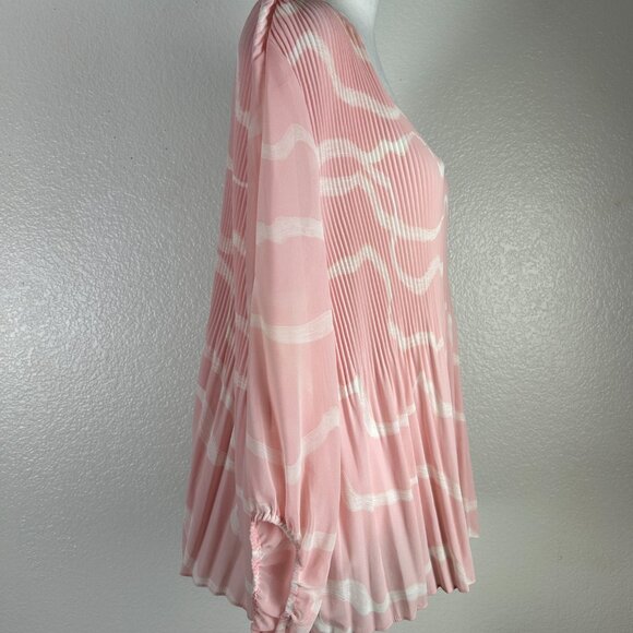 Nine West Pink & White Pleated  V-Neck Long Sleeve Top Blouse Size L Summer Top - Picture 2 of 12